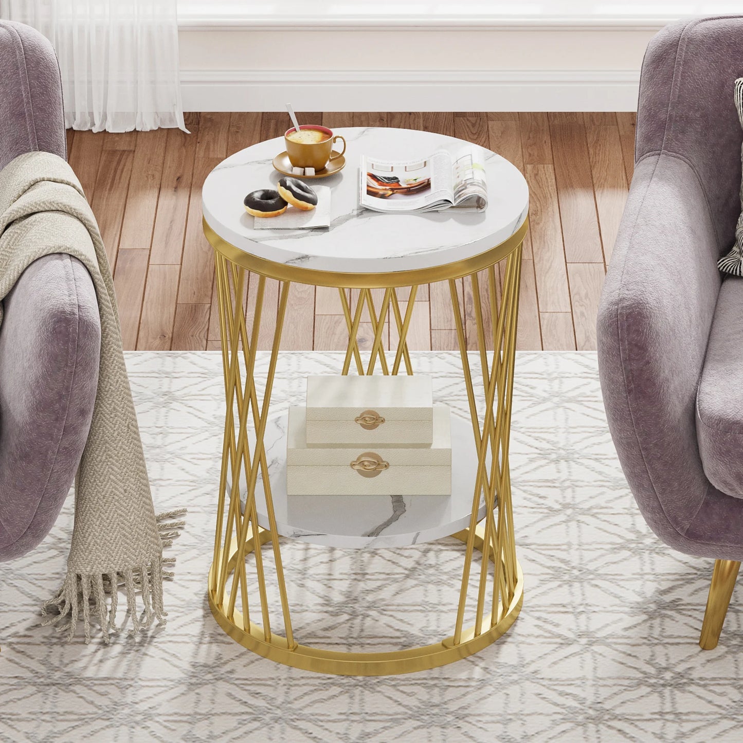Table d'appoint Matthieu — finition blanche, marbre, design contemporain, rangement intégré