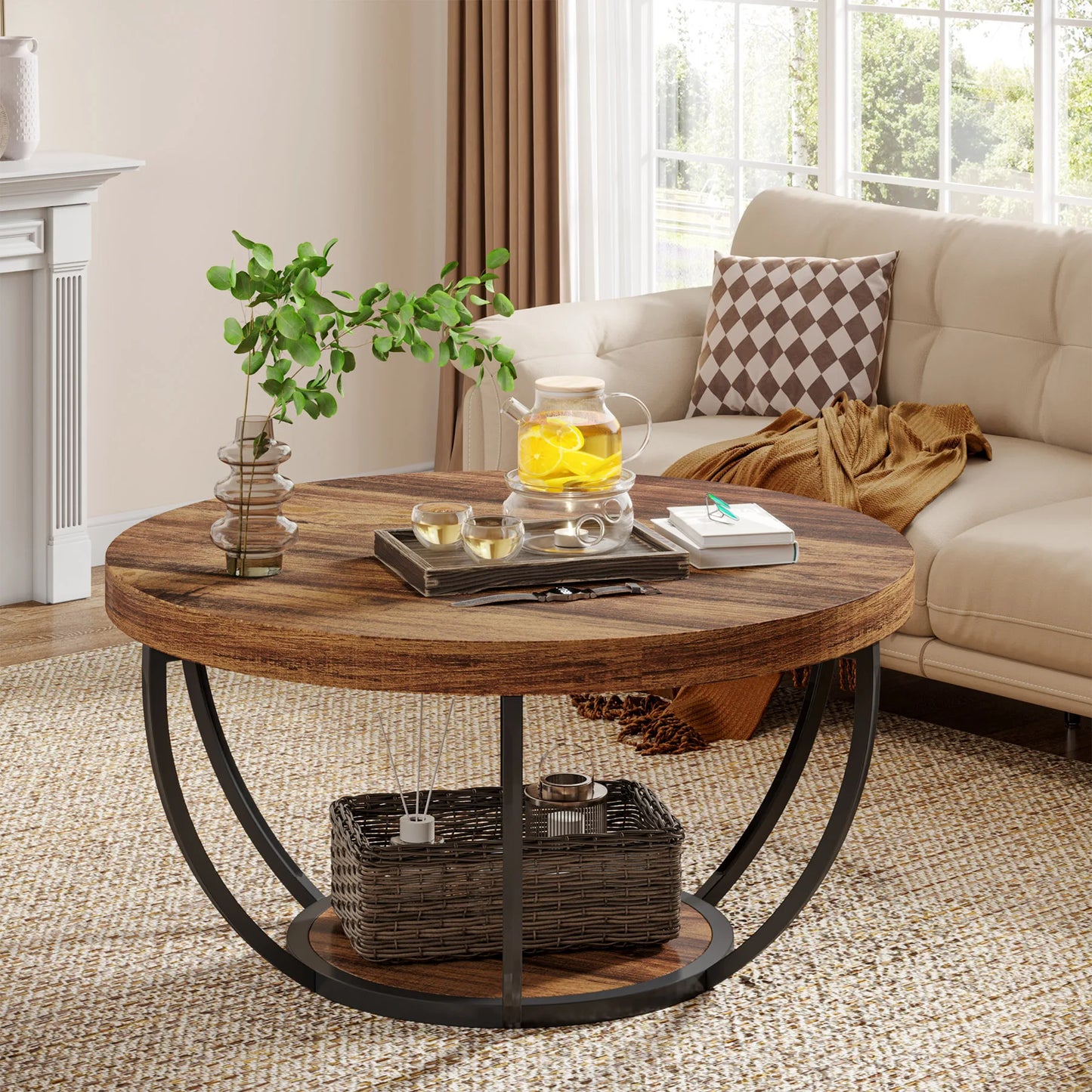 Table basse Marc — bois, style industriel, rangement intégré, 2 niveaux