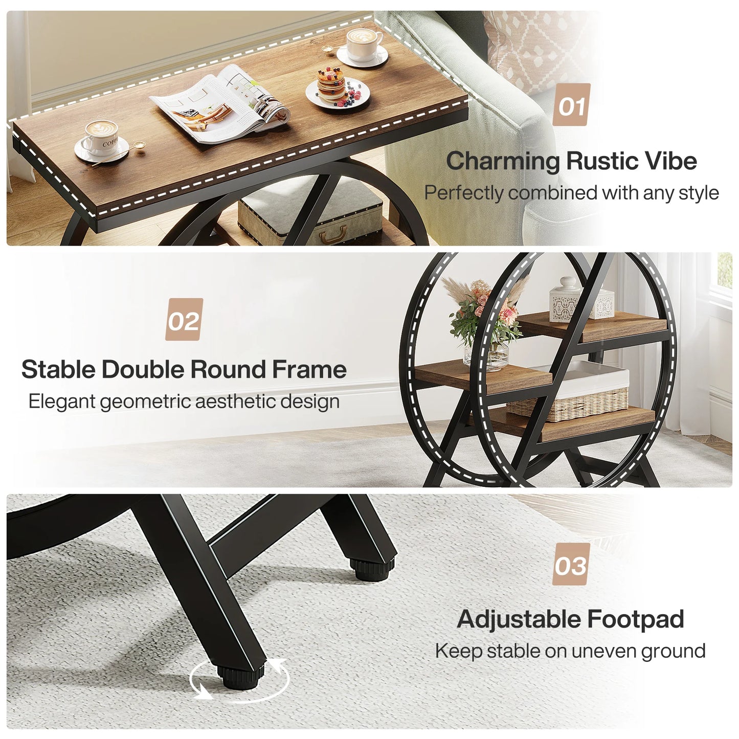 Table d'appoint André — bois, métal, rangement intégré, 3 niveaux