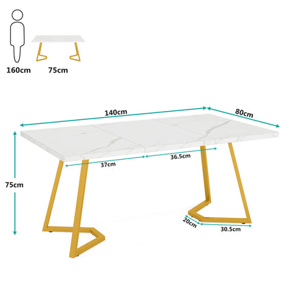 Table de salle à manger Louise — finition blanche, marbre, design contemporain, rectangulaire