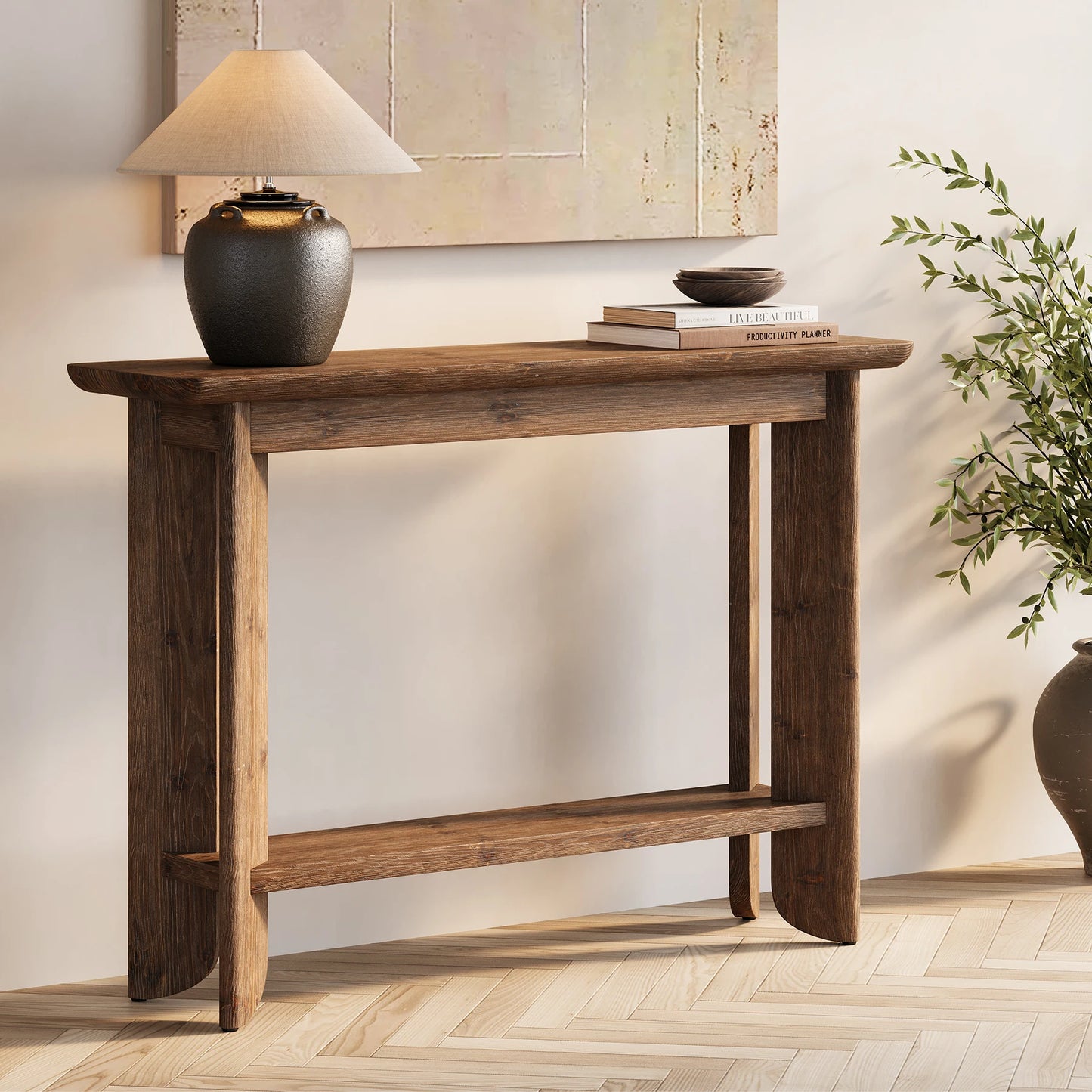 Console Inès — finition noyer, bois massif, design contemporain, 2 niveaux