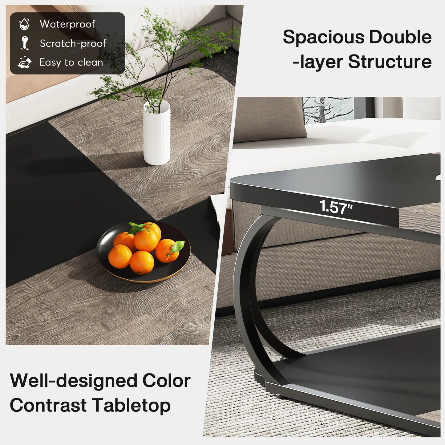 Table basse Mélanie — bois, métal, rangement intégré, 2 niveaux