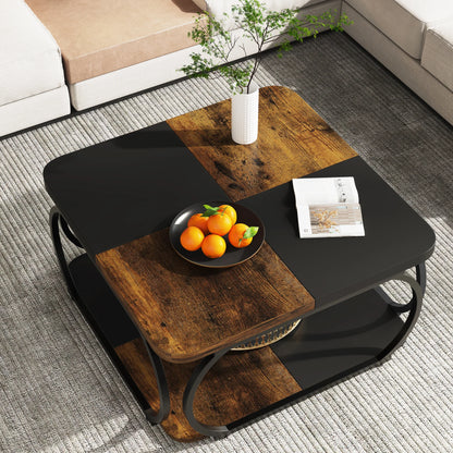 Table basse Mélanie — bois, métal, rangement intégré, 2 niveaux