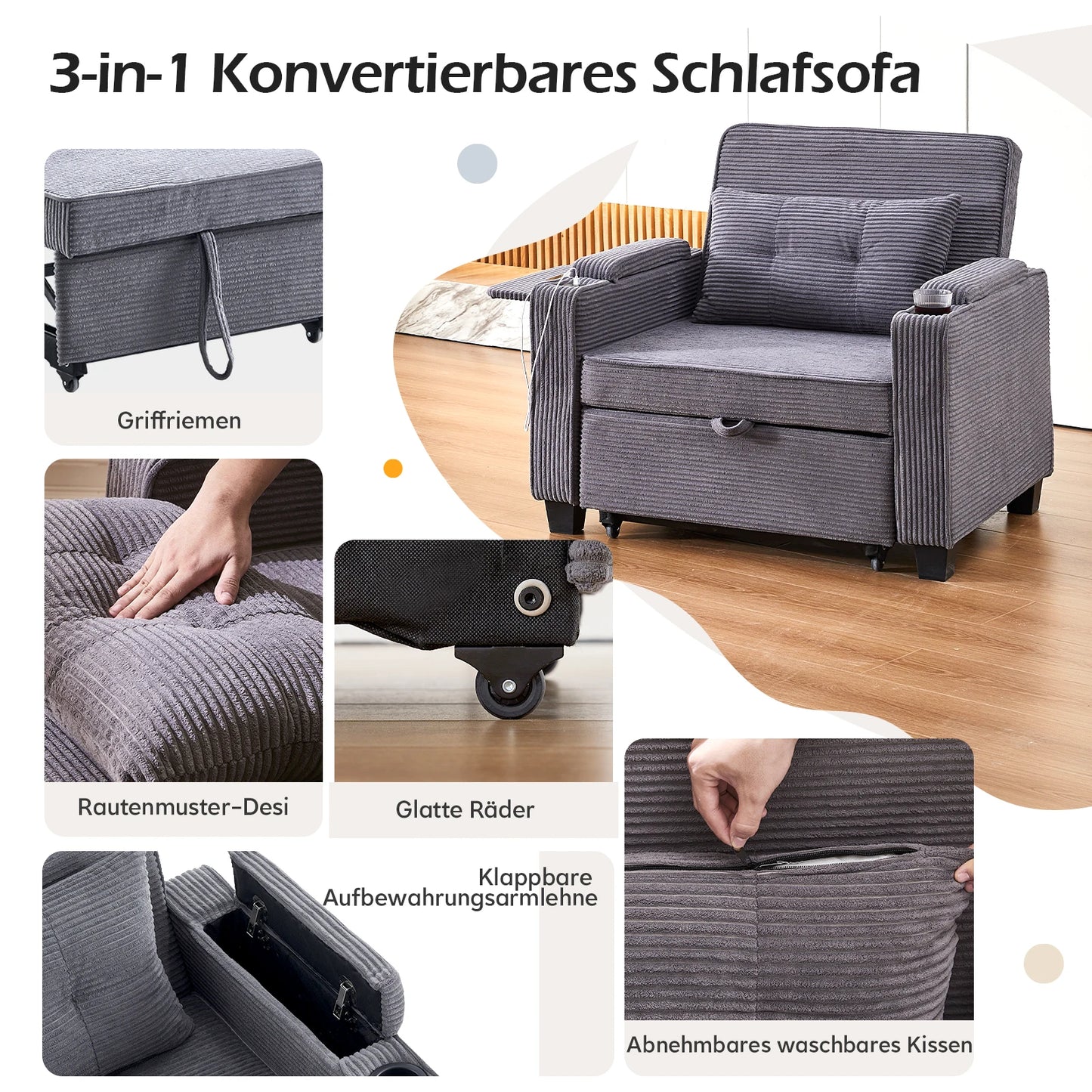 3-in-1 Single Sofa Bed with USB and Type-C, Adjustable Backrest TV Chair with Drink Holder and Armrest for Small Room Apartments