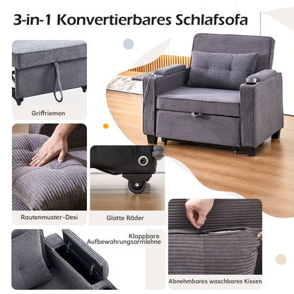 3-in-1 Single Sofa Bed with USB and Type-C, Adjustable Backrest TV Chair with Drink Holder and Armrest for Small Room Apartments