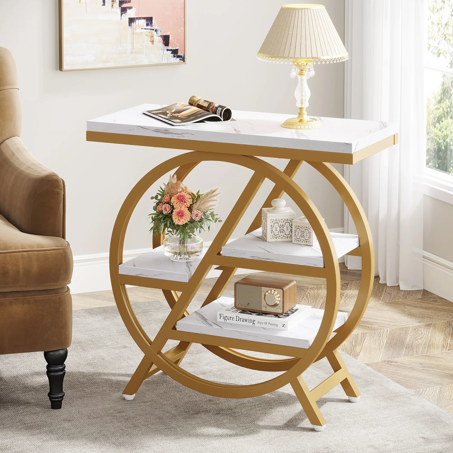 Table d'appoint André — bois, métal, rangement intégré, 3 niveaux