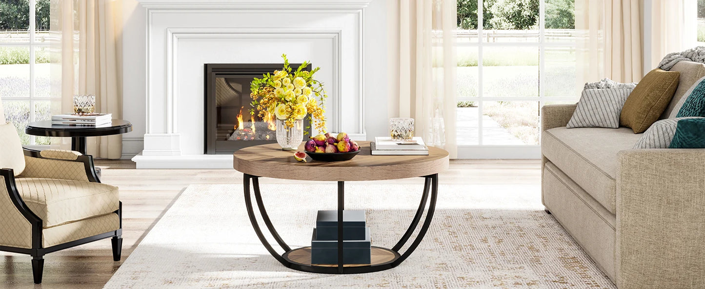 Table basse Marc — bois, style industriel, rangement intégré, 2 niveaux
