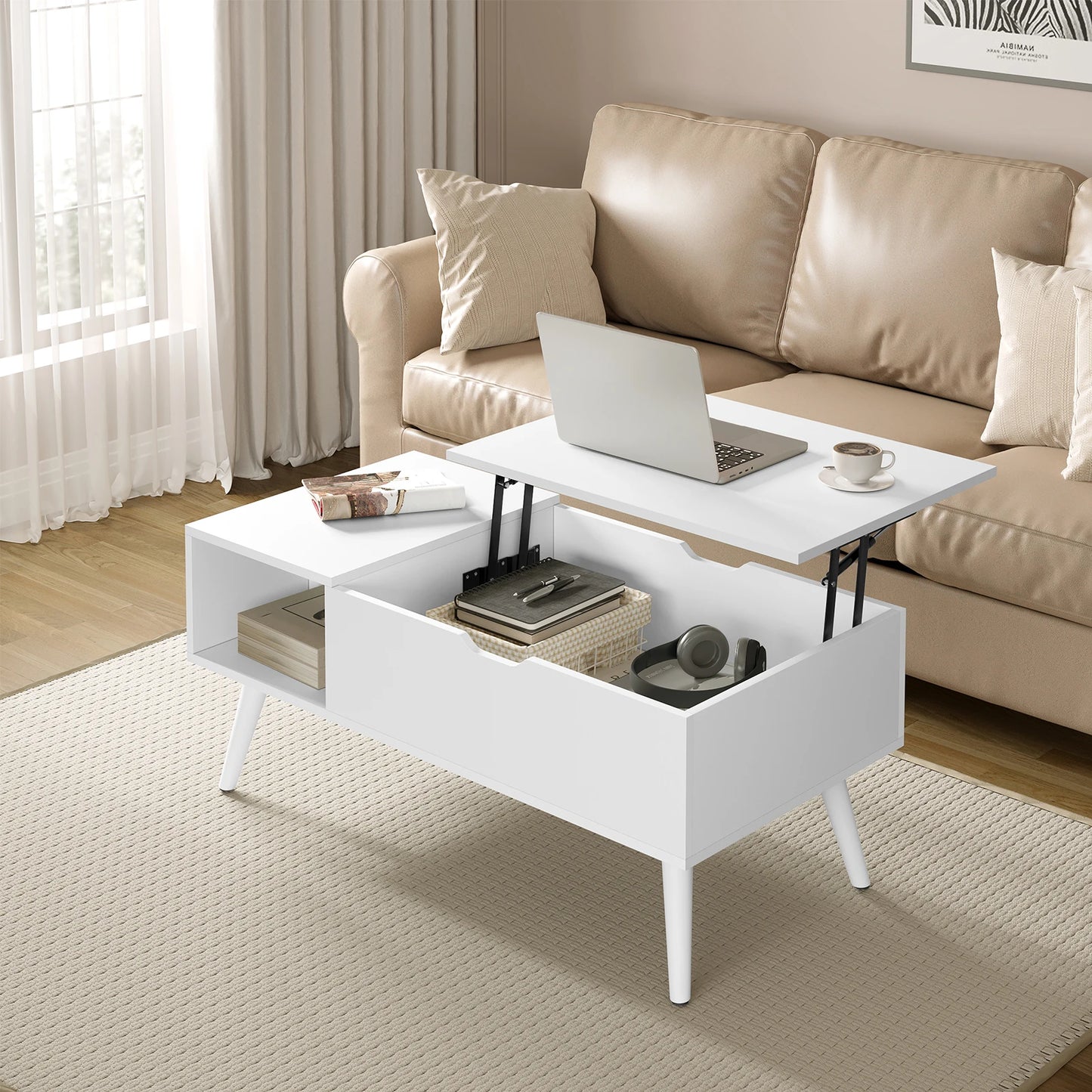 WOLTU Height-Adjustable Coffee Table Living Room Coffee Table with Hidden Storage Lifting Board Folding Table for Side and Sofa