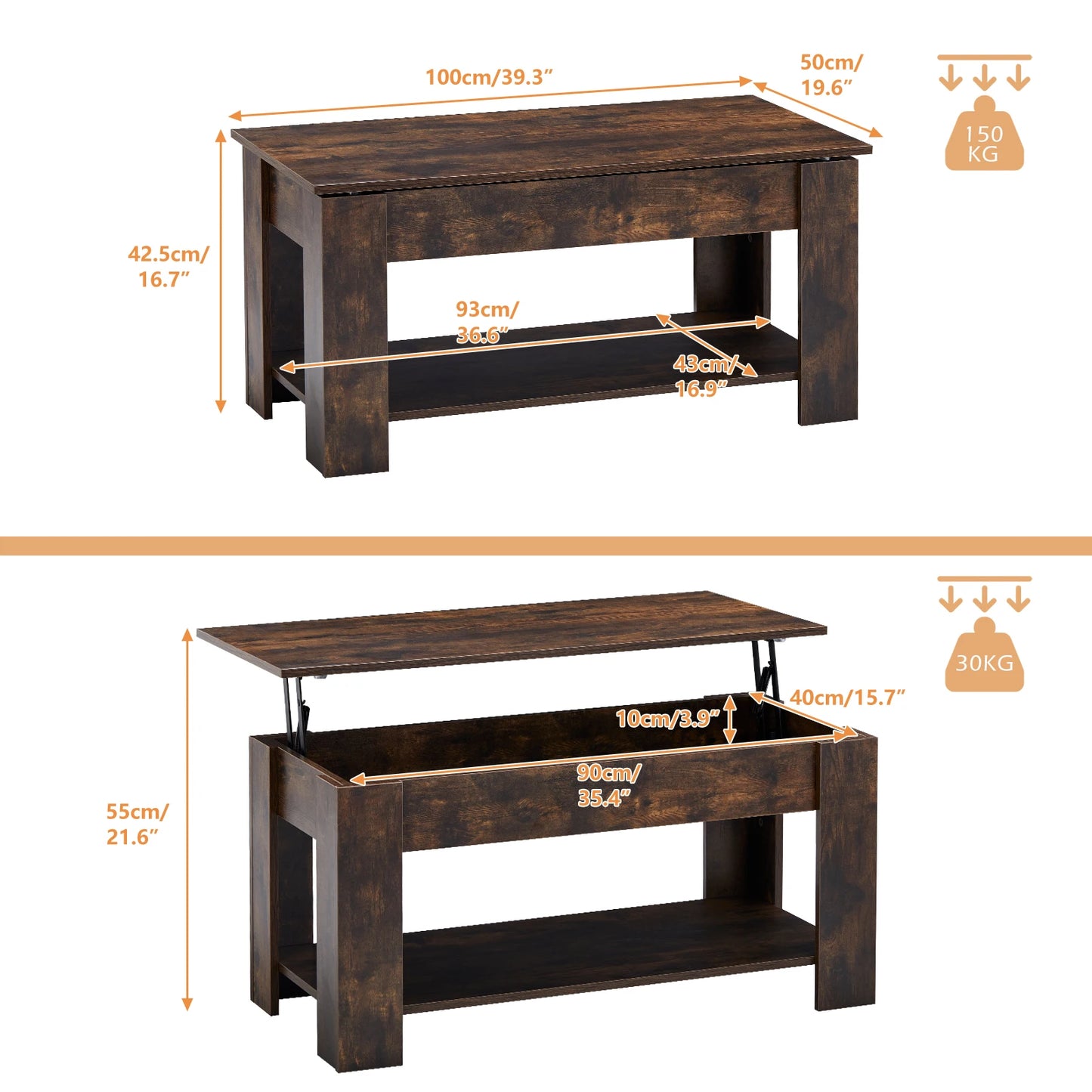 Lift Top Coffee Table with Hidden and Open Storage Shelf, Wooden Sofa Side Tea Table, Extendable Center Table for Living Room