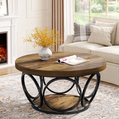 Table basse Denis — bois, métal, rangement intégré, 2 niveaux