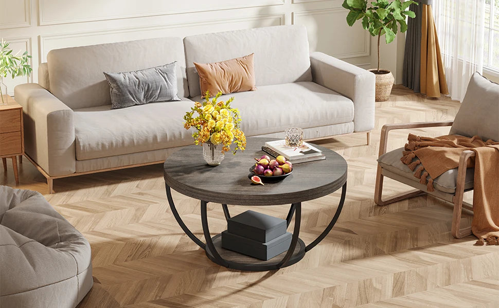 Table basse Marc — bois, style industriel, rangement intégré, 2 niveaux