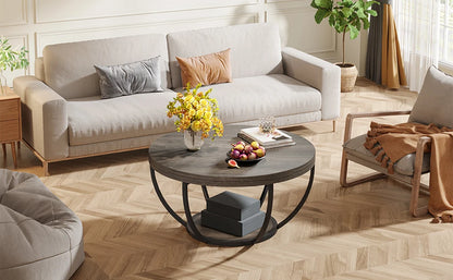 Table basse Marc — bois, style industriel, rangement intégré, 2 niveaux