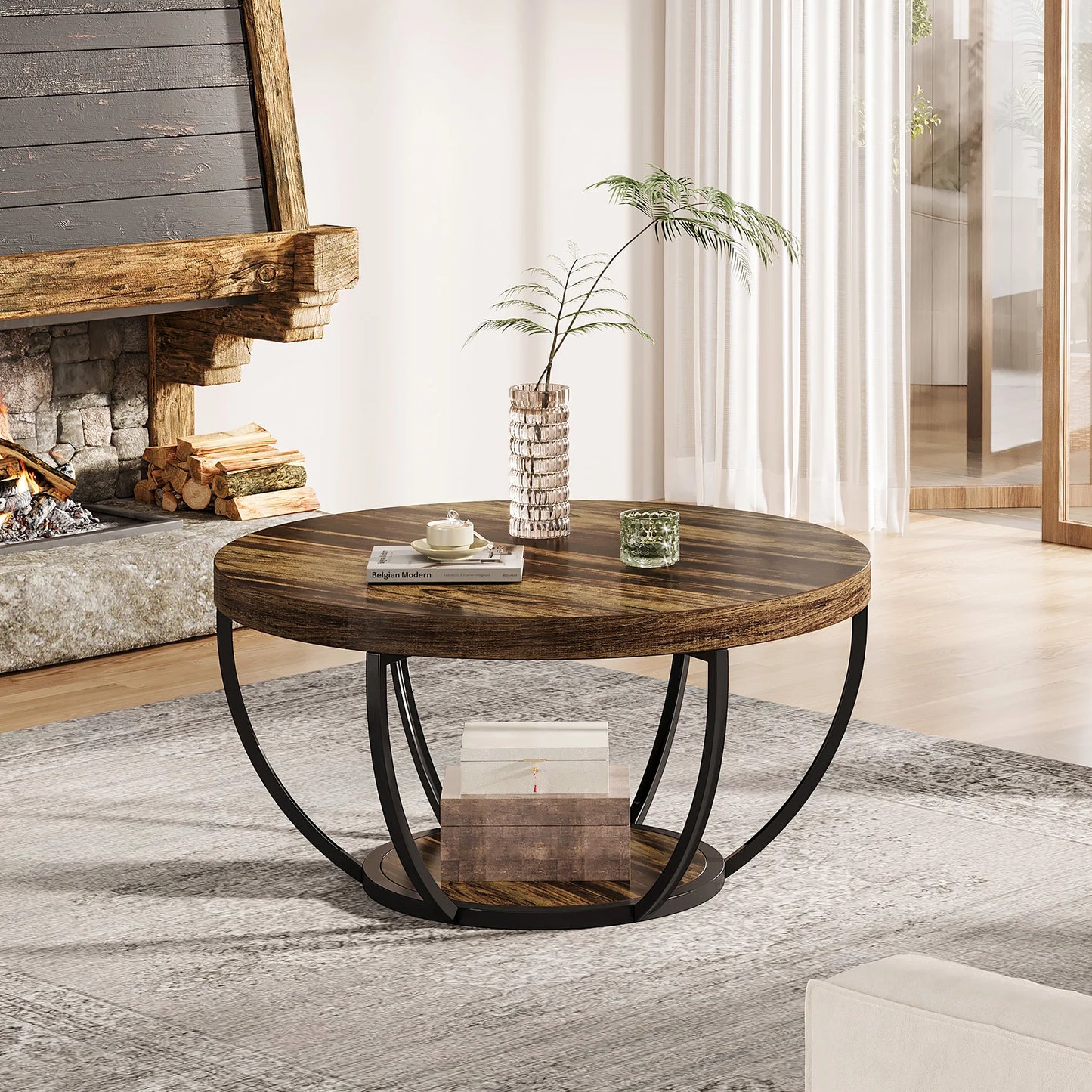Table basse Isabelle — bois, style industriel, rangement intégré, 2 niveaux