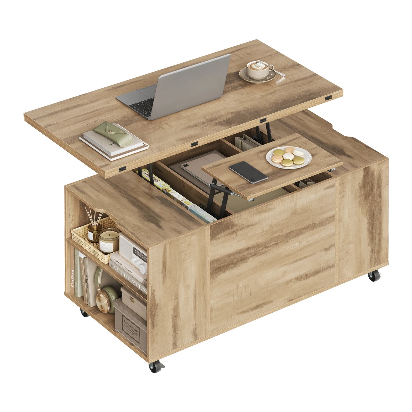WOLTU Double Lift Top Coffee Table with Wheels Wood Sofa Table with Drawer and Storage Shelf Height-Adjustable Extendable for Living Room