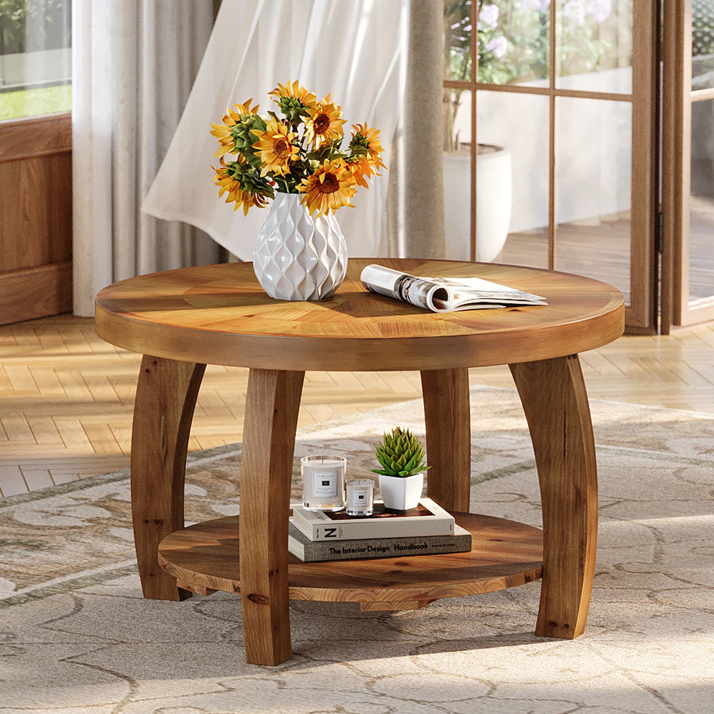 Table basse Yvonne — finition marron, bois massif, rangement intégré, 2 niveaux