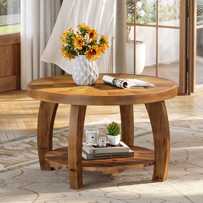 Table basse Yvonne — finition marron, bois massif, rangement intégré, 2 niveaux