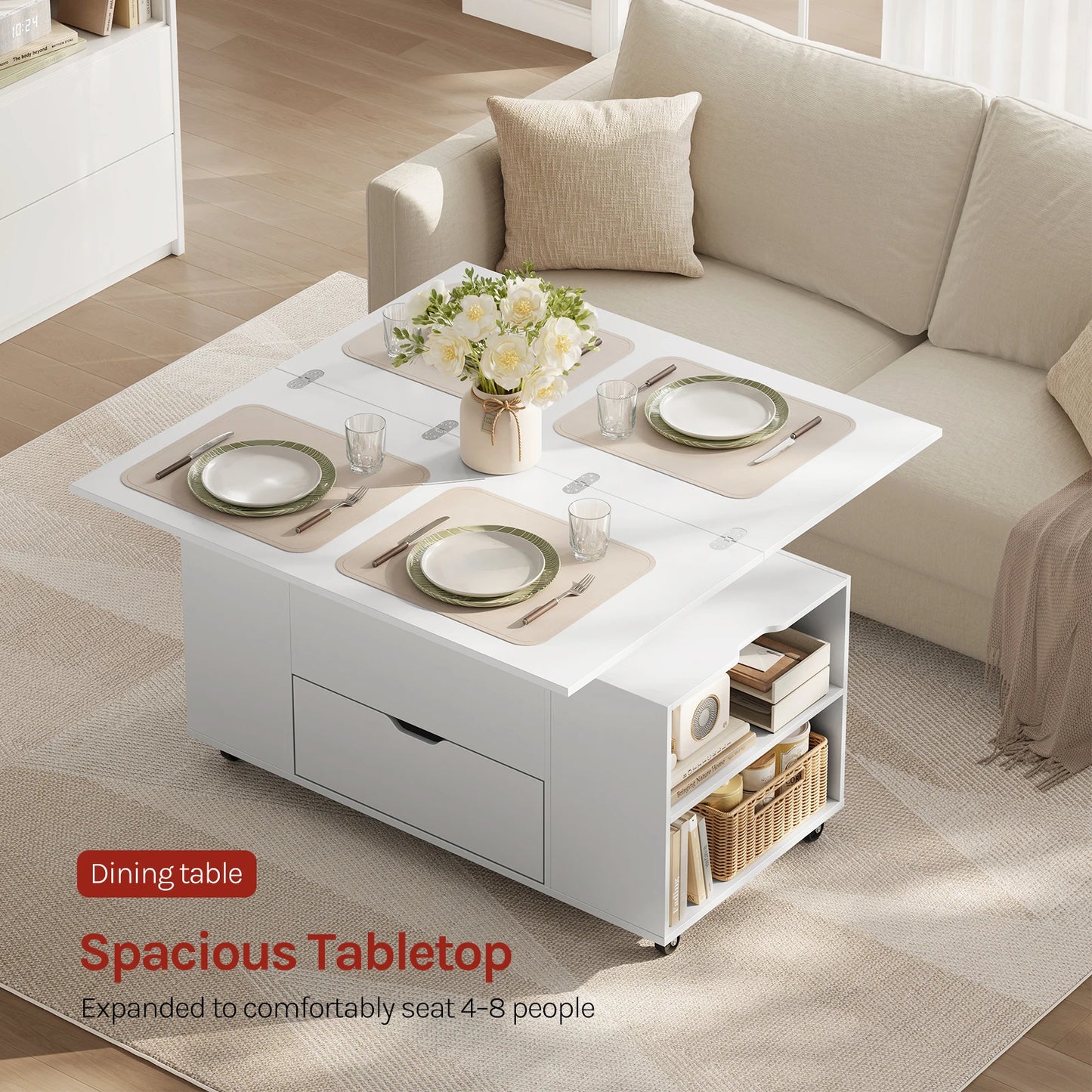 WOLTU Double Lift Top Coffee Table with Wheels Wood Sofa Table with Drawer and Storage Shelf Height-Adjustable Extendable for Living Room