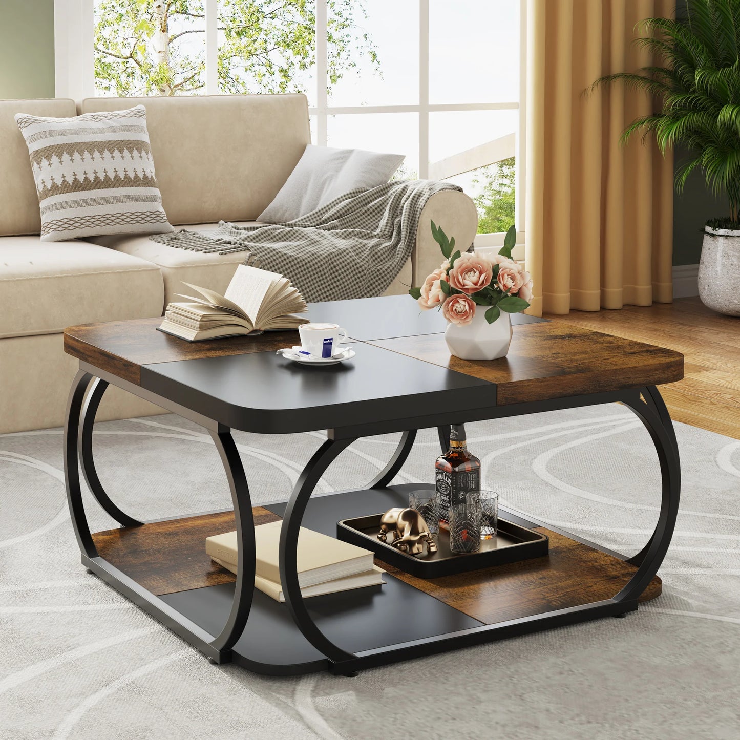 Table basse Mélanie — bois, métal, rangement intégré, 2 niveaux