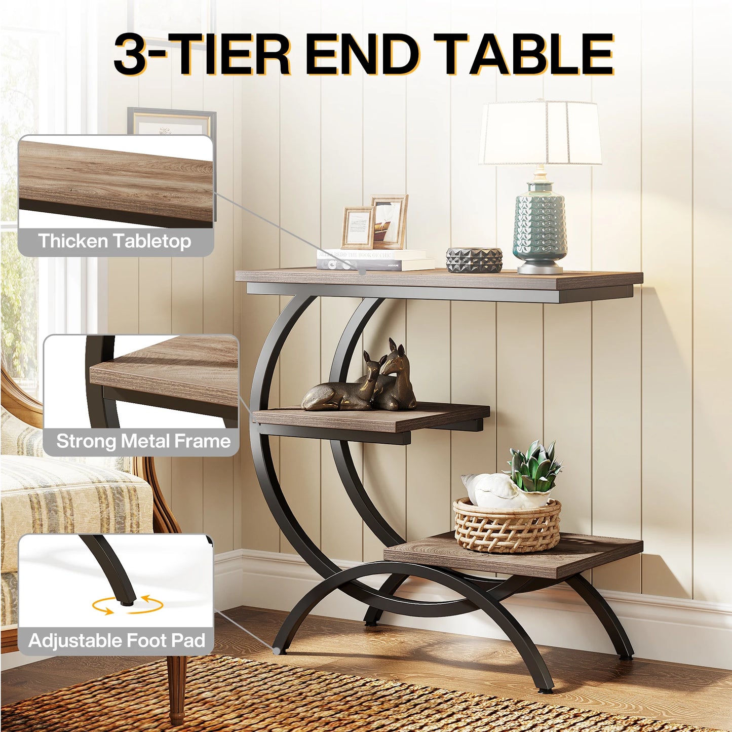 Table d'appoint Tanguy — bois, style industriel, rangement intégré, 3 niveaux