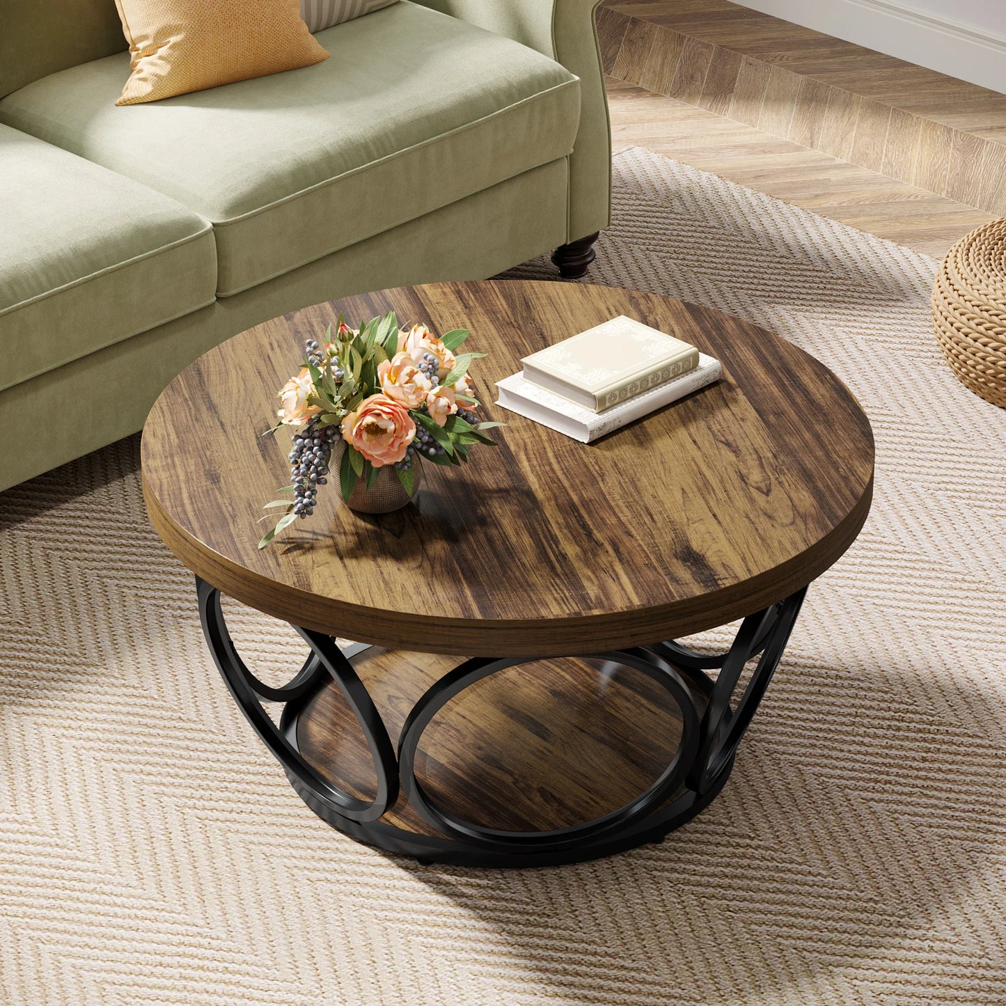 Table basse Denis — bois, métal, rangement intégré, 2 niveaux