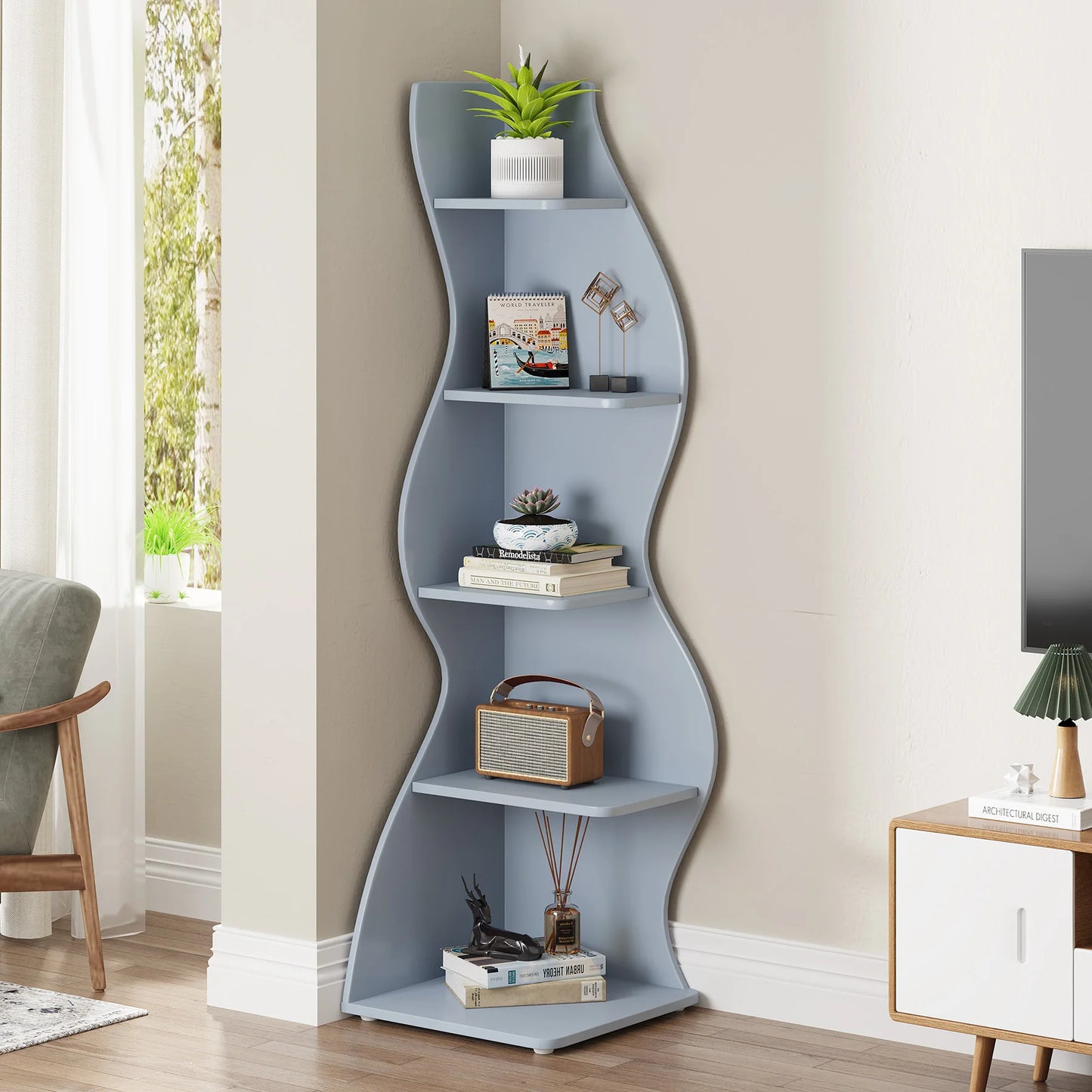 Bibliothèque Jules — design contemporain, rangement intégré, 5 niveaux, meuble d'angle