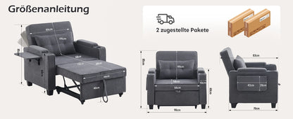 3-in-1 Single Sofa Bed with USB and Type-C, Adjustable Backrest TV Chair with Drink Holder and Armrest for Small Room Apartments