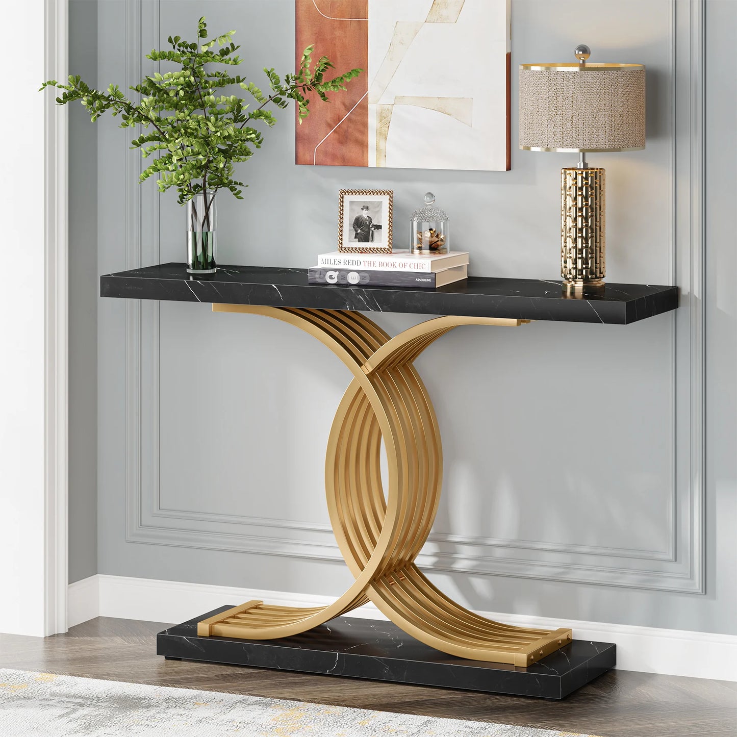 Console Axel — finition dorée, bois, marbre, métal