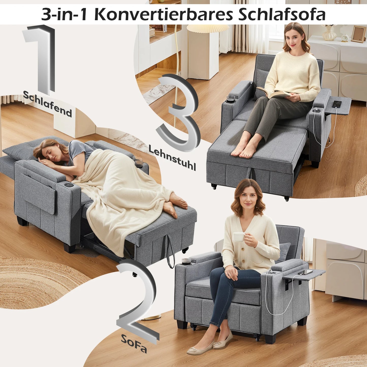 3-in-1 Sofa Bed with USB and Type-C, Adjustable Backrest TV Chair with Drink Holder and Armrest for Small Room Apartments