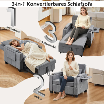 3-in-1 Sofa Bed with USB and Type-C, Adjustable Backrest TV Chair with Drink Holder and Armrest for Small Room Apartments