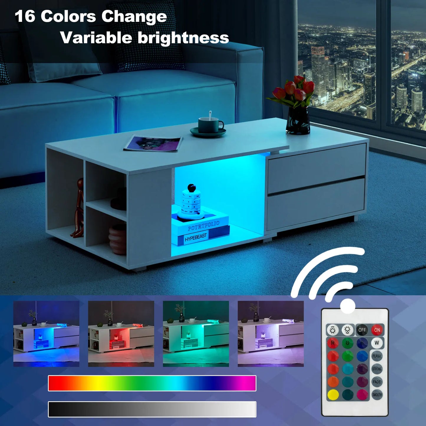 Extendable Coffee Table with LED Light, Living Room Centre Table with 4 Storage Drawers Shelves, Modern Wooden Sofa Side Table