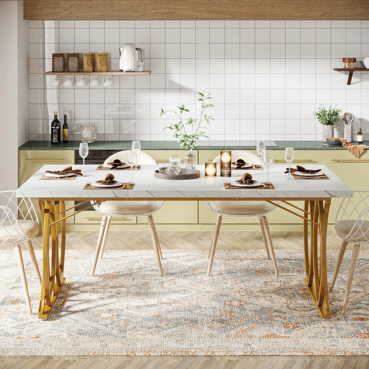 Table de salle à manger Louise — finition blanche, marbre, design contemporain, rectangulaire