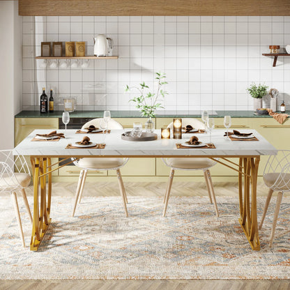 Table de salle à manger Louise — finition blanche, marbre, design contemporain, rectangulaire