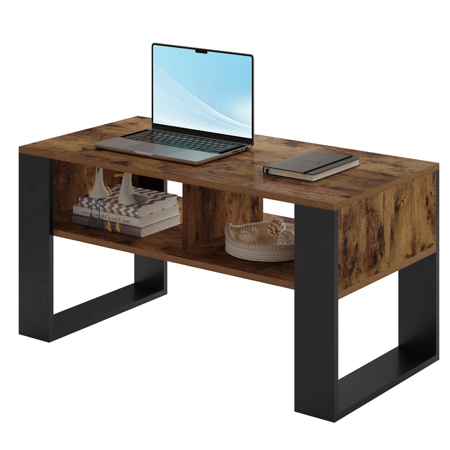 WOLTU Tea Coffee Table with Storage 2 Open Compartments Vintage Industrial Style Sofa Table Side Table for Living Room Bedroom