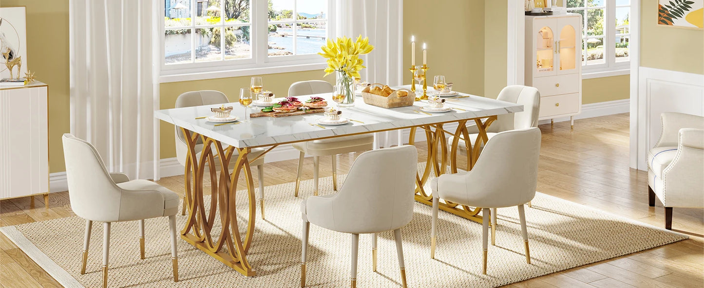 Table de salle à manger Louise — finition blanche, marbre, design contemporain, rectangulaire