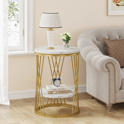 Table d'appoint Matthieu — finition blanche, marbre, design contemporain, rangement intégré