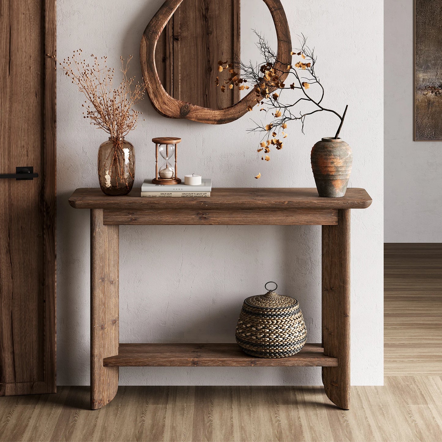 Console Inès — finition noyer, bois massif, design contemporain, 2 niveaux