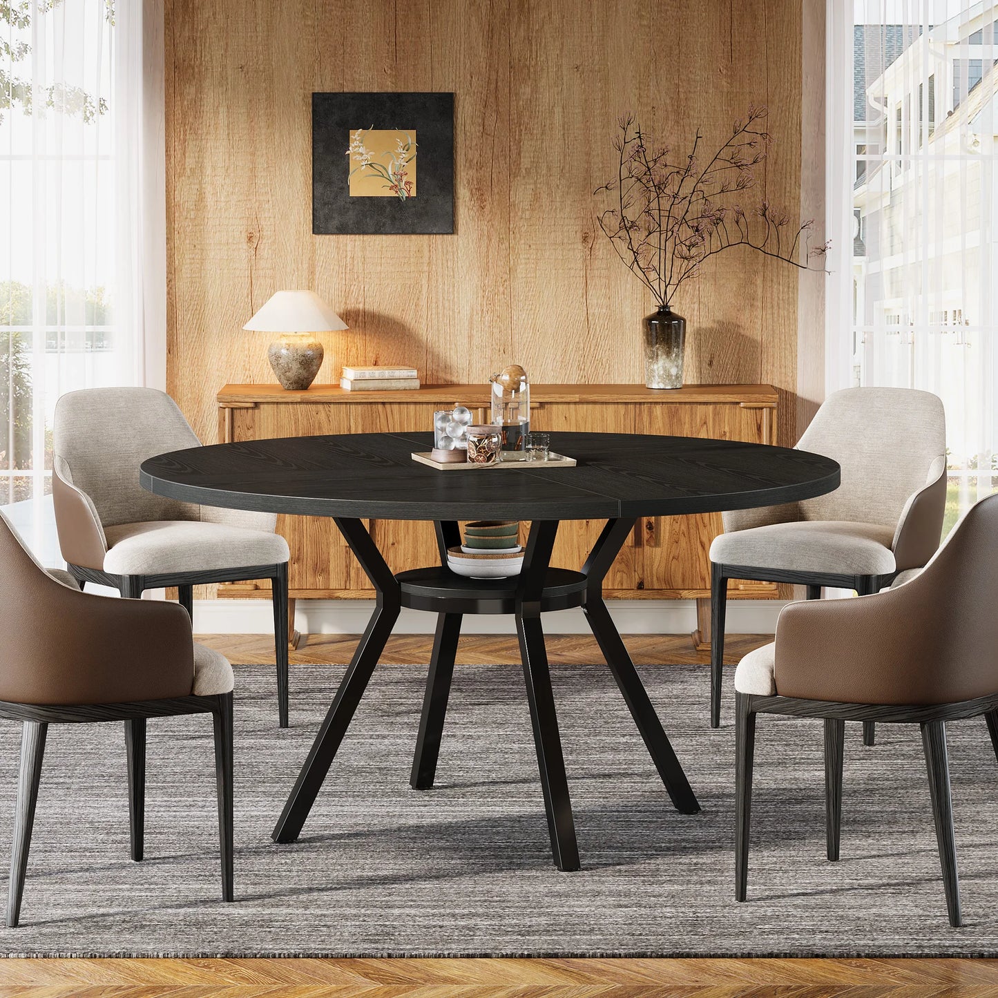 Table de salle à manger Jonathan — bois, métal, rangement intégré, ronde