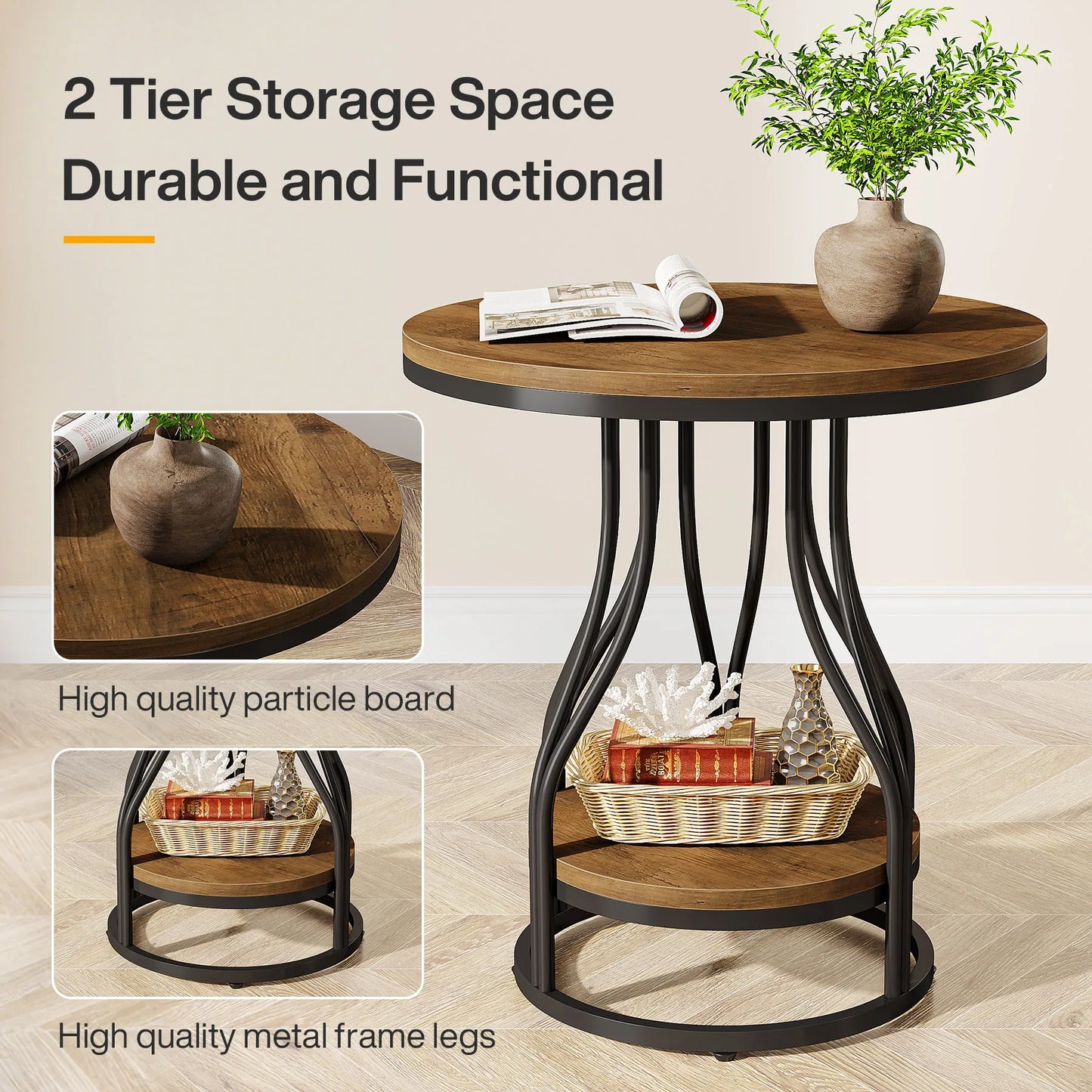 Table d'appoint Agnès — design contemporain, rangement intégré, 2 niveaux, ronde
