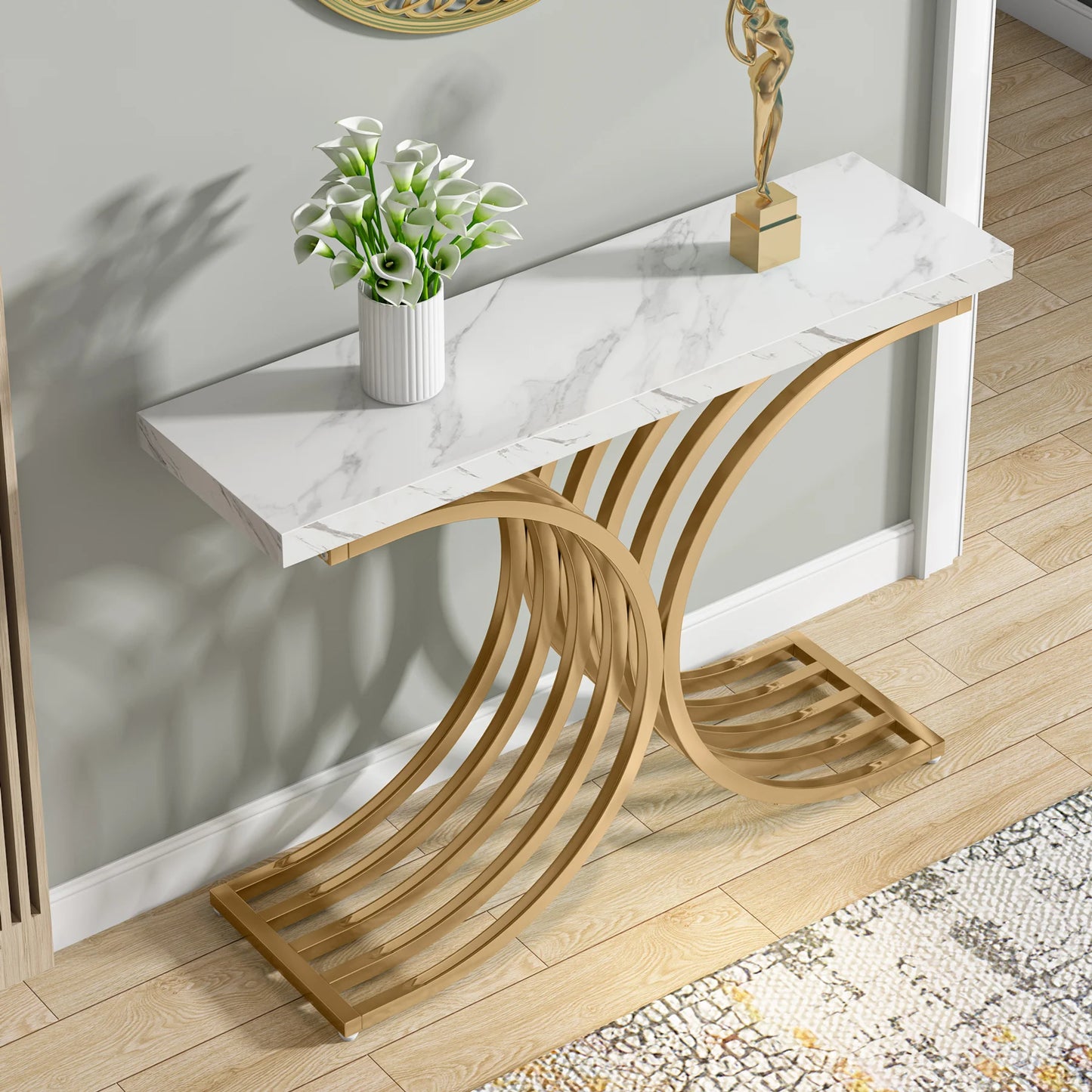Console Axel — finition dorée, bois, marbre, métal
