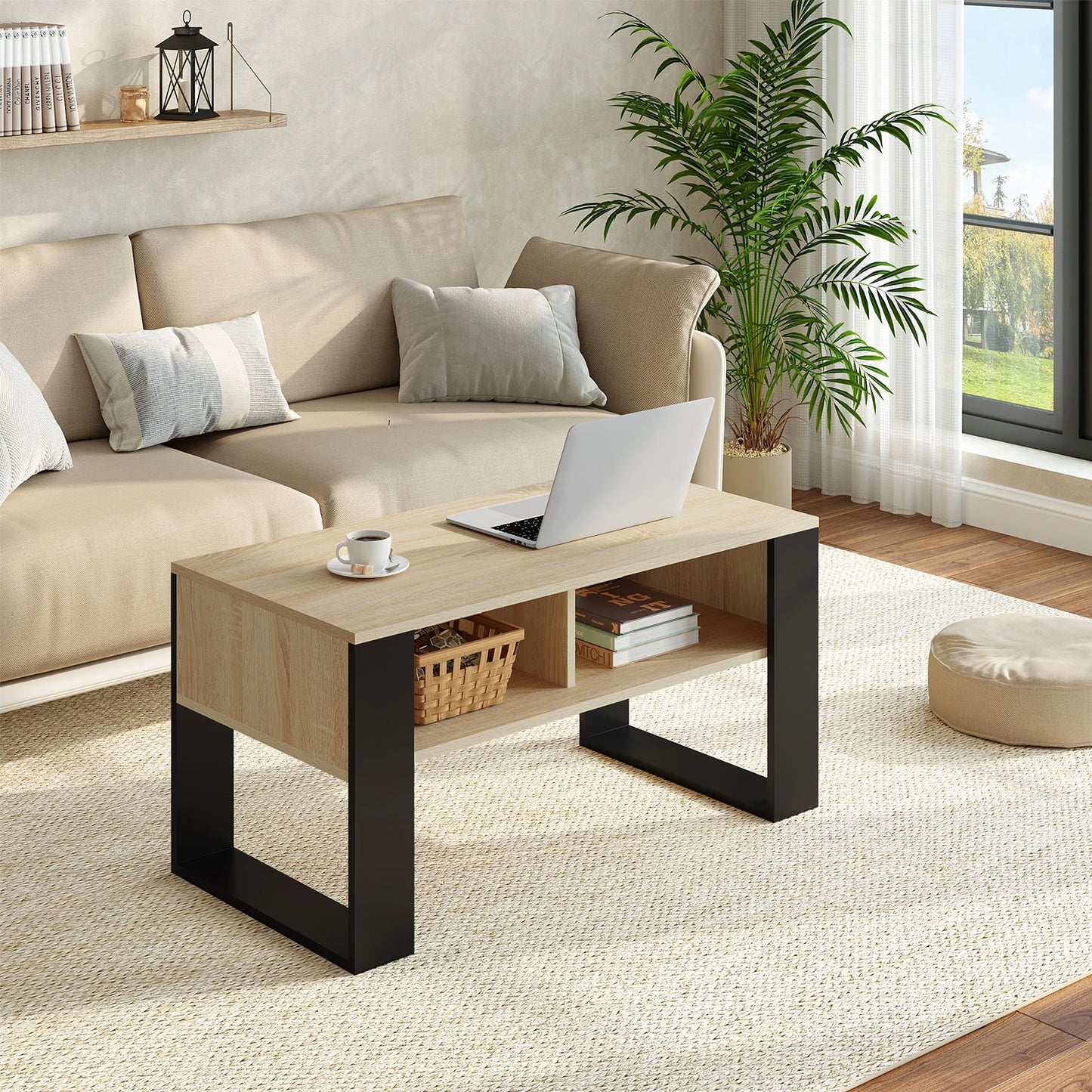 WOLTU Tea Coffee Table with Storage 2 Open Compartments Vintage Industrial Style Sofa Table Side Table for Living Room Bedroom