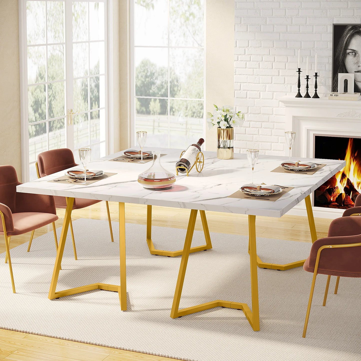 Table de salle à manger Louise — finition blanche, marbre, design contemporain, rectangulaire