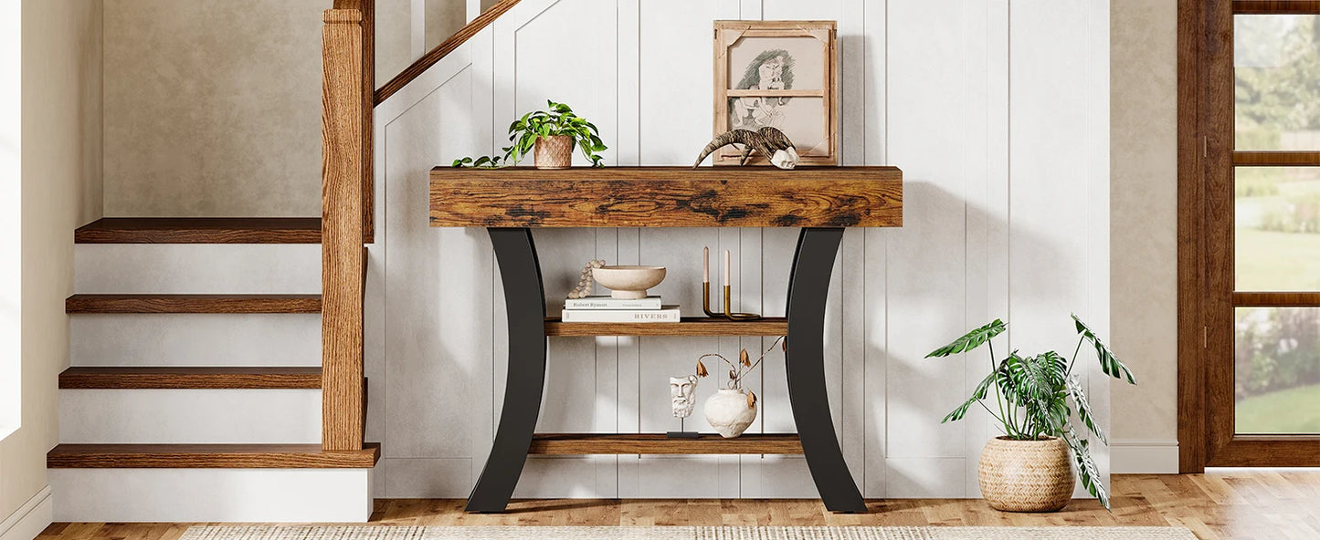 Console Valérie — style rustique, rangement intégré, 3 niveaux, étagères ouvertes