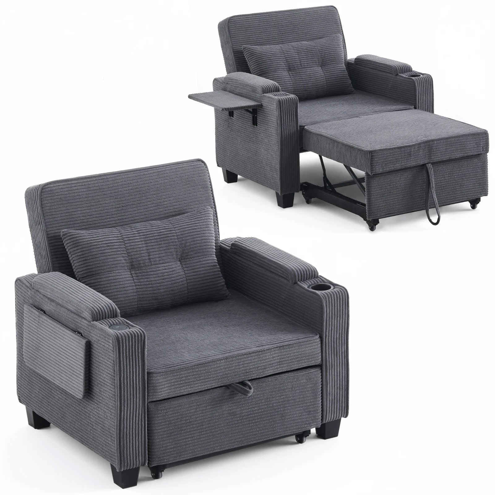 3-in-1 Single Sofa Bed with USB and Type-C, Adjustable Backrest TV Chair with Drink Holder and Armrest for Small Room Apartments