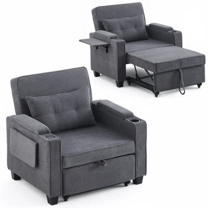 3-in-1 Single Sofa Bed with USB and Type-C, Adjustable Backrest TV Chair with Drink Holder and Armrest for Small Room Apartments