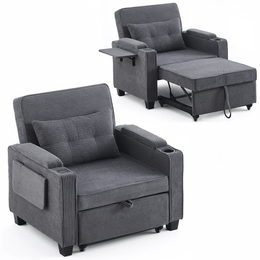 3-in-1 Single Sofa Bed with USB and Type-C, Adjustable Backrest TV Chair with Drink Holder and Armrest for Small Room Apartments