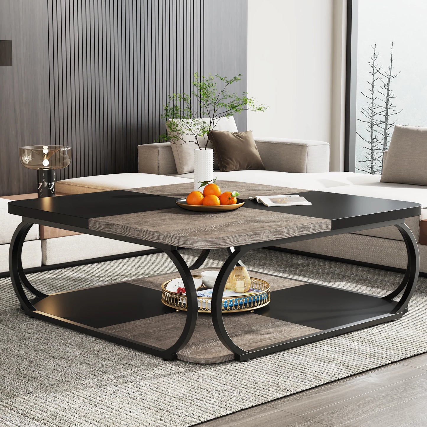 Table basse Mélanie — bois, métal, rangement intégré, 2 niveaux