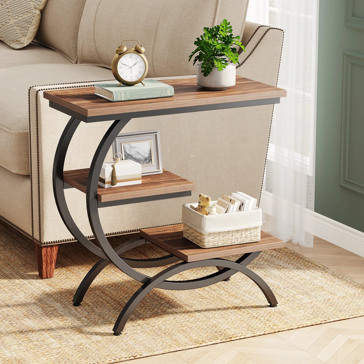 Table d'appoint Tanguy — bois, style industriel, rangement intégré, 3 niveaux