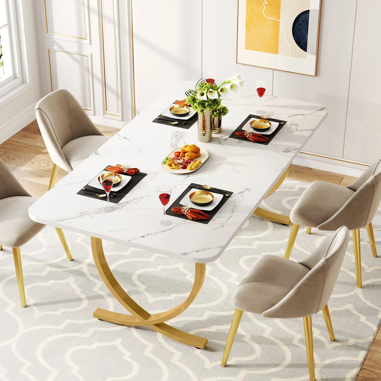 Table de salle à manger Louise — finition blanche, marbre, design contemporain, rectangulaire