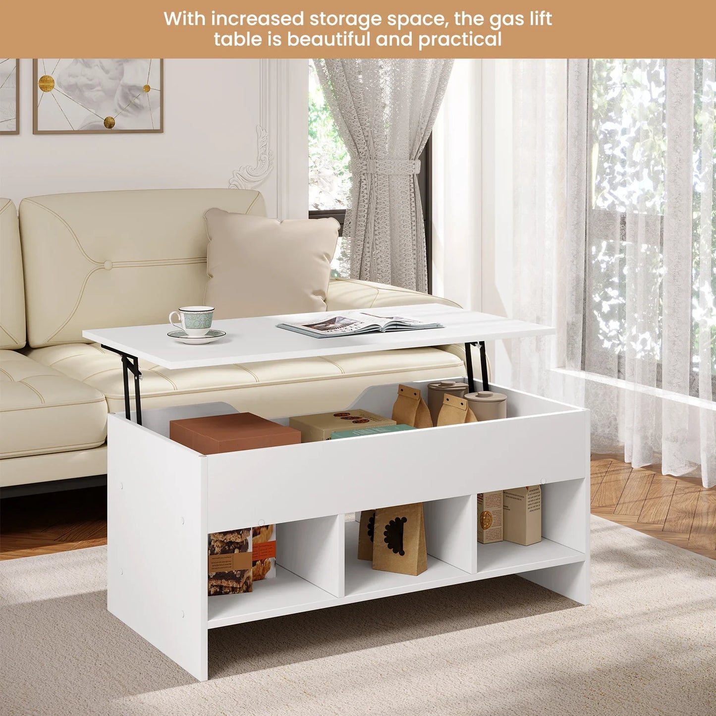 WOLTU Liftable Coffee Tea Table with Storage White Side Table Height-adjustable Rectangular Sofa Table for Living Room Bedroom