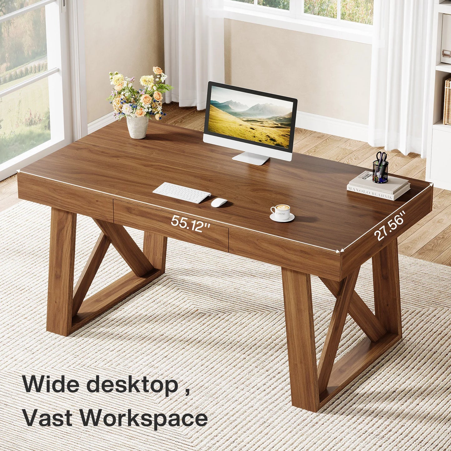 Bureau Martial — finition noyer, style rustique, rangement intégré, avec tiroirs